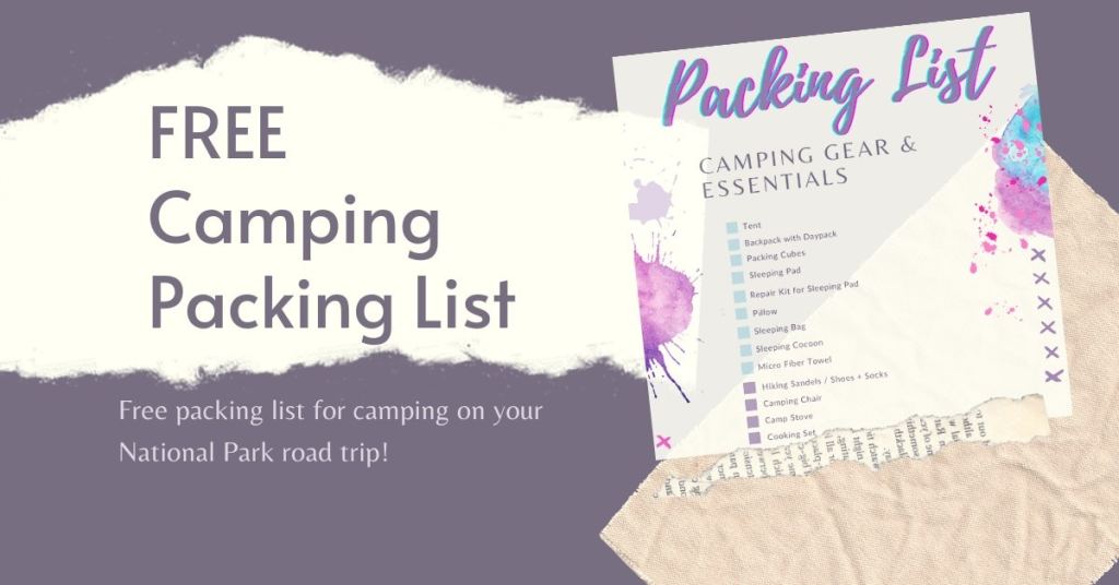 What camping essentials to pack for your National Park camping road trip. These are important items for your camping checklist: Tent | Sleeping Bag | Sleeping Pad | Camping Pillow | Headlamp| + all other gear essentials for what to bring camping for beginners.