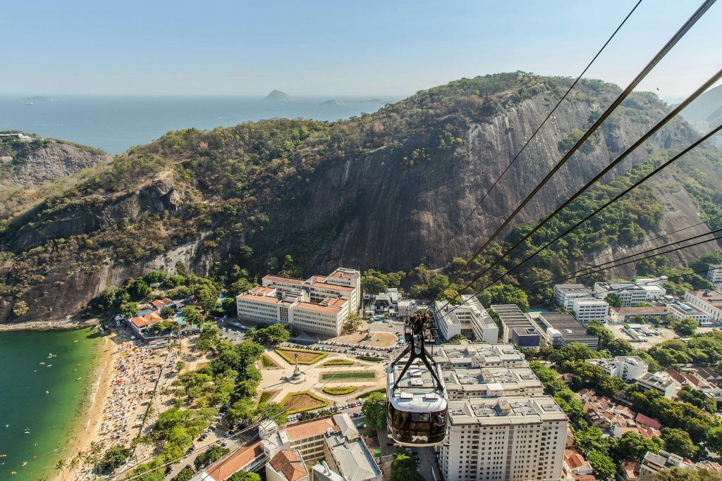 A stunning aerial view of the Sugarloaf Mountain cable car and surrounding cityscape in Rio de Janeiro, Brazil.