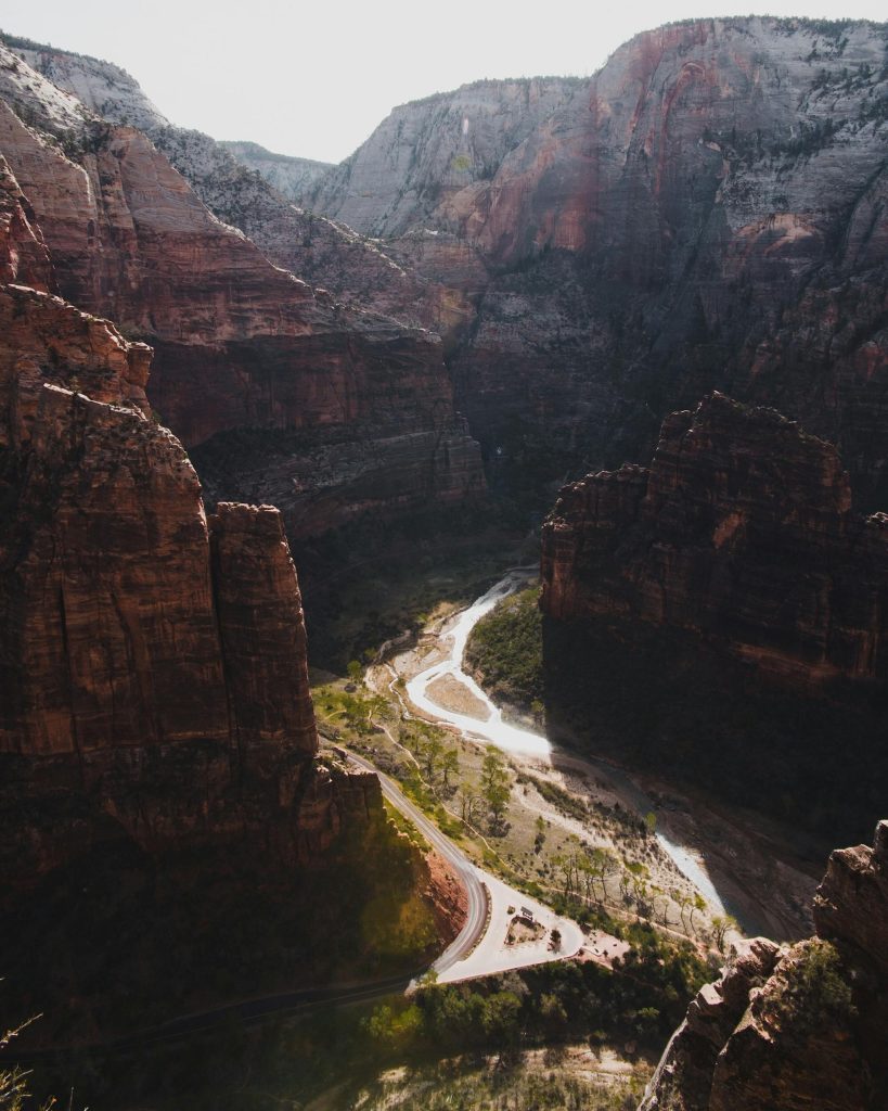 Breathtaking aerial view of rock formations and river in Zion National Park, Utah.