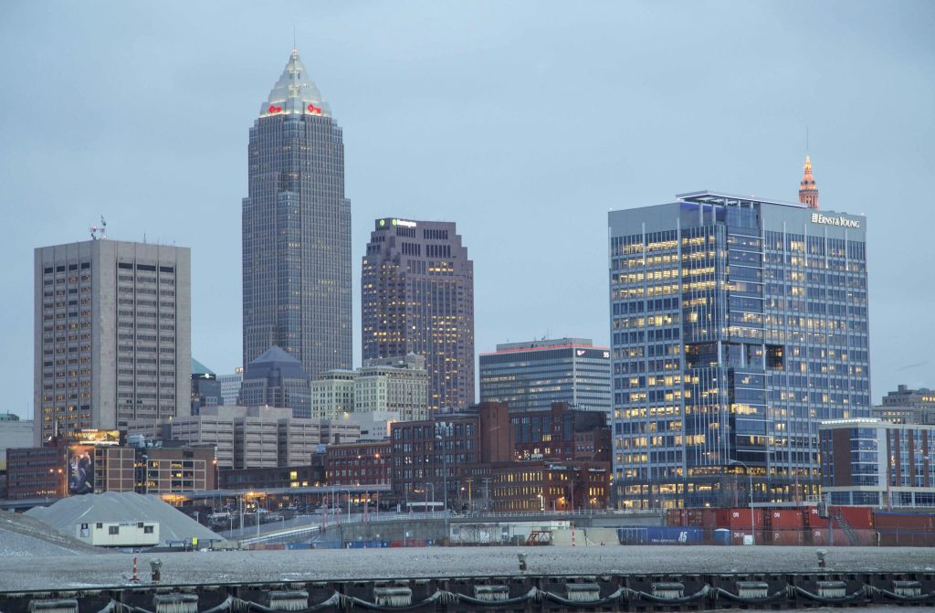 Captivating view of Cleveland's downtown skyline showcasing modern architecture and illuminated buildings.