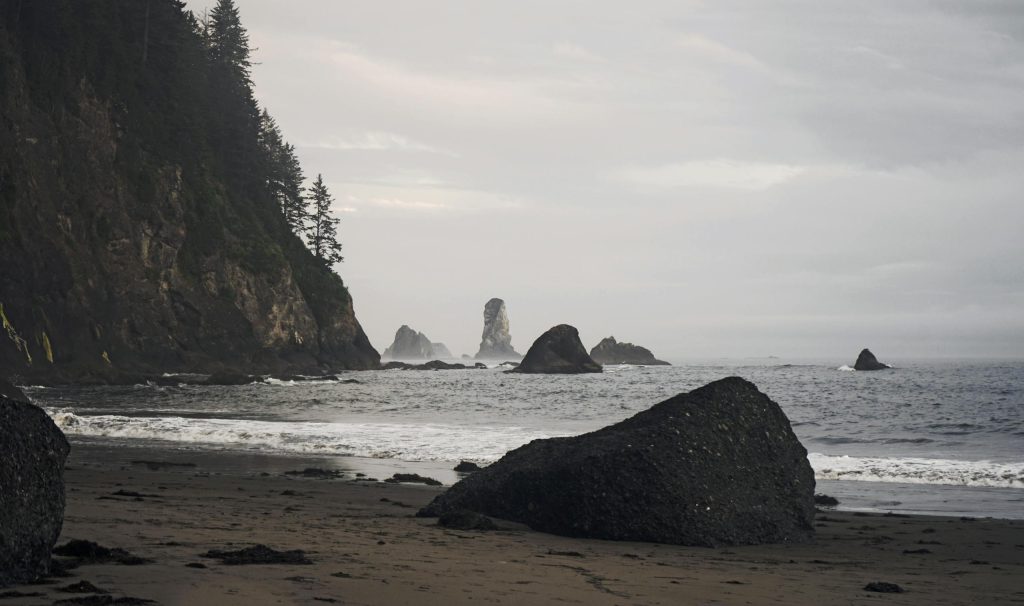 Moody coastal scene with cliffs and rock formations along the seashore in Port Angeles, WA.