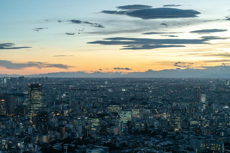 Panoramic view of Tokyo city skyline at twilight, highlighting modern architecture.