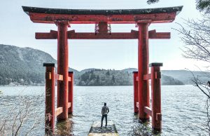 A person stands at Hakone Shrine's iconic torii gate on Lake Ashi, Japan, offering a tranquil view.