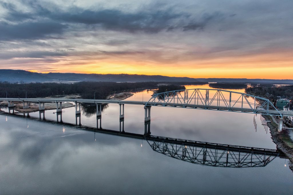 A stunning sunset view of the bridge over the Mississippi River in Wabasha, Minnesota.