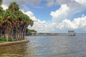 A tranquil view of a palm-lined lagoon in Florida with a dock extending into the water under a cloudy sky.