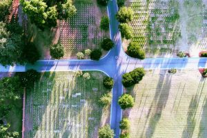 Aerial shot of a picturesque countryside crossroad surrounded by lush green fields and trees in Beaufort, SC.