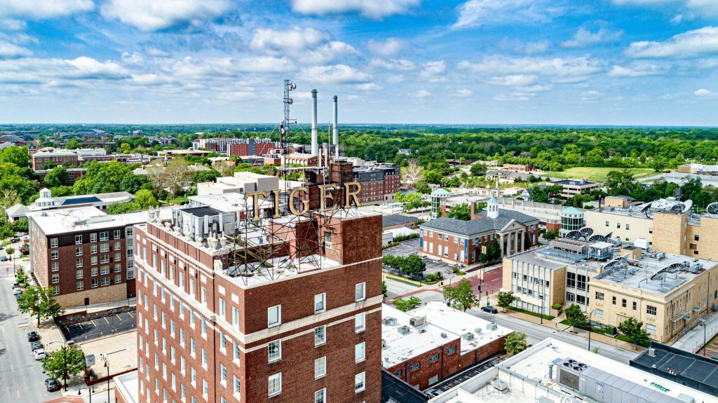 Aerial view of the Tiger Hotel in downtown Columbia, Missouri, showcasing urban architecture.