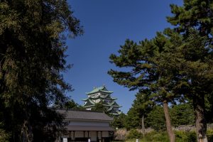 Capture of Nagoya Castle framed by lush greenery on a sunny day.