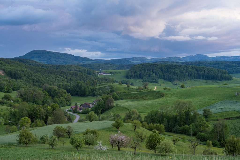Lush green countryside with rolling hills under a dramatic cloudy sky during summer.