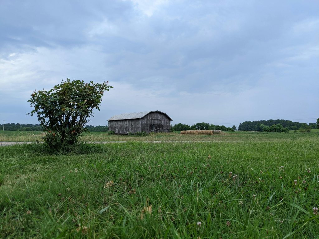 Peaceful rural scene with a rustic barn and lush green fields in Kentucky.