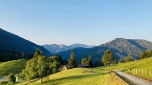 Picturesque view of a lush alpine valley with mountains and trees in Bavaria.