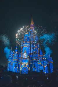 Spectacular fireworks illuminate Disney's Cinderella Castle at night in Orlando, Florida.