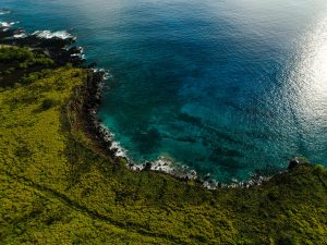 Stunning aerial view of Hawaii's Honaunau-Napoopoo coastline with vibrant ocean and lush greenery.