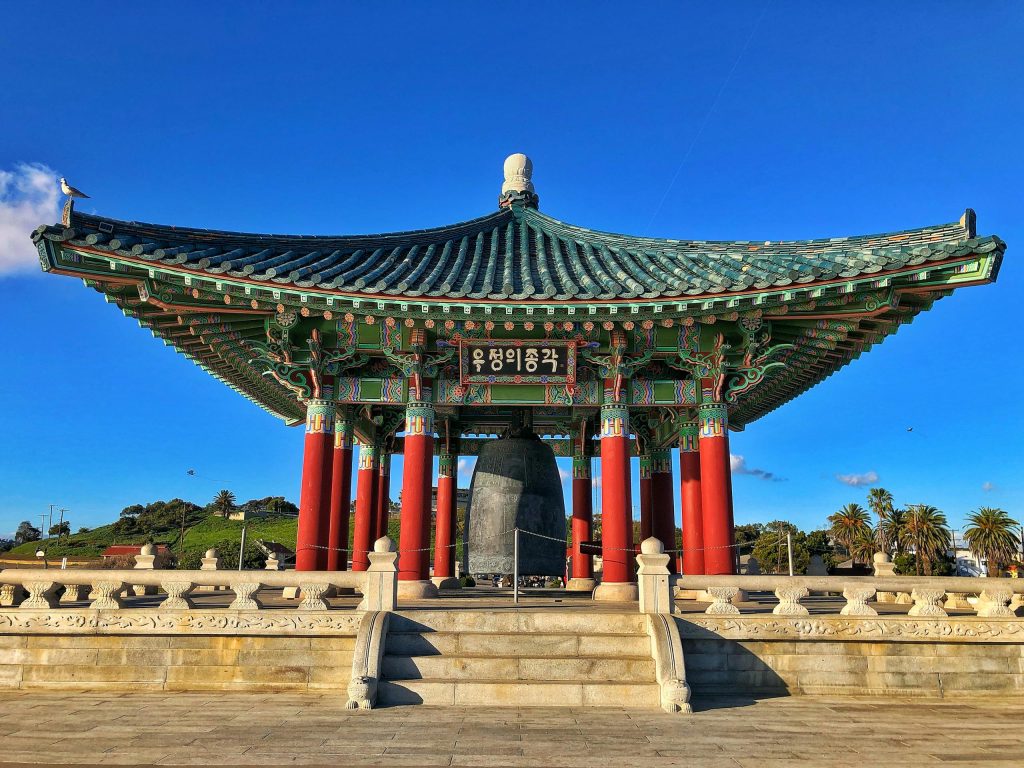 The Korean Bell of Friendship in Los Angeles with vibrant colors and traditional design.