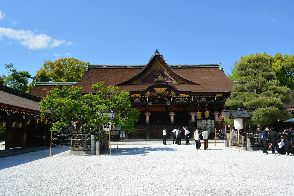 Traditional Japanese shrine with a serene atmosphere in Kyoto, Japan.