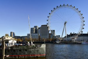 Vibrant daytime view of the London Eye and River Thames, capturing urban London life.