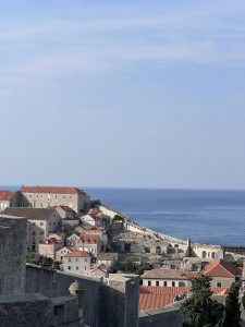 View of Dubrovnik's historic Old Town and its iconic architecture by the Adriatic Sea in Croatia.