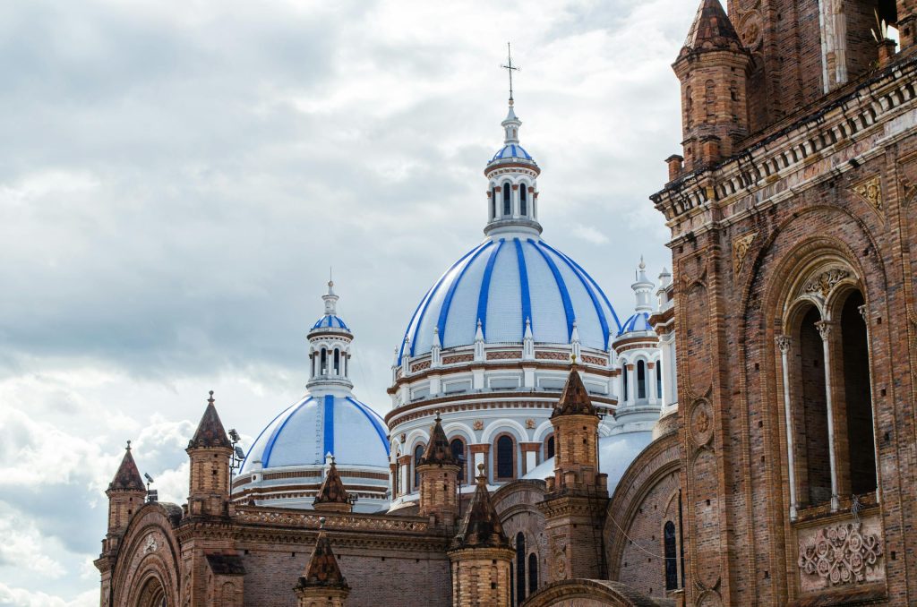 A magnificent view of the blue domes of the New Cathedral in Cuenca, Ecuador.