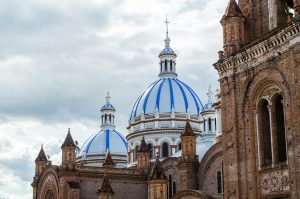 A magnificent view of the blue domes of the New Cathedral in Cuenca, Ecuador.