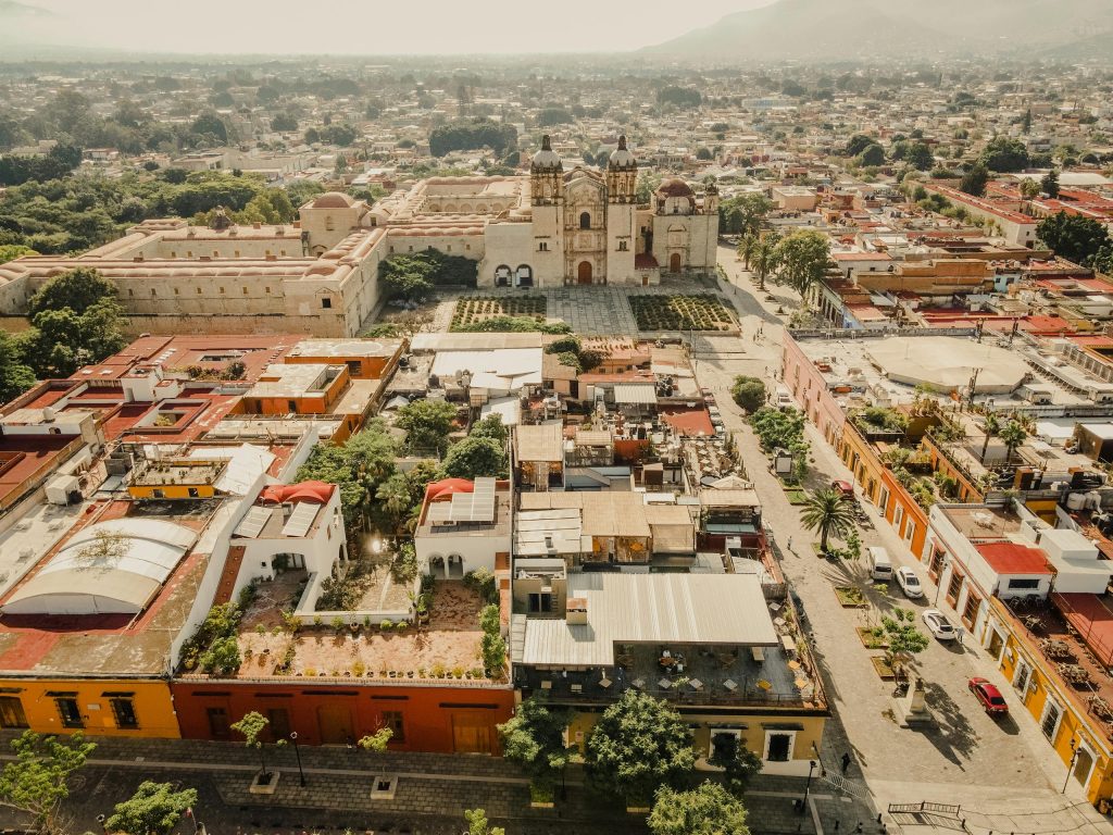 Stunning aerial view of Oaxaca city featuring historic architecture and vibrant streets.
